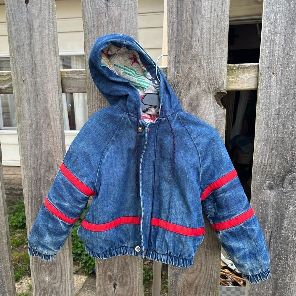 VTG 70s Sears Denim Hooded Jacket 4T Red Stripe Faded USA Kids Coat